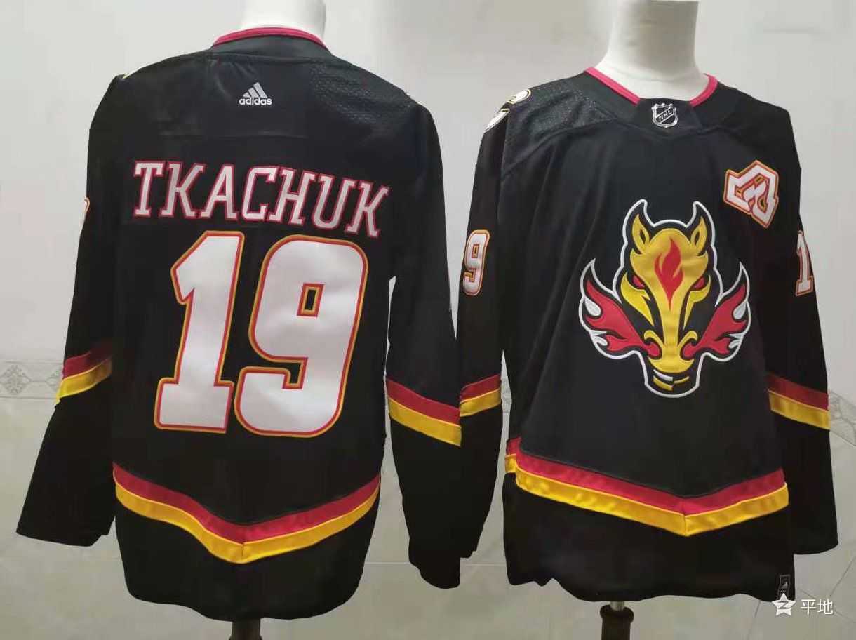 Men Calgary Flames 19 Tkachuk Black Authentic Stitched 2021 Adidias NHL Jersey